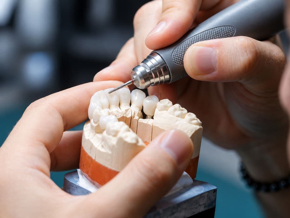 Technician refining a dental restoration with a hand instrument