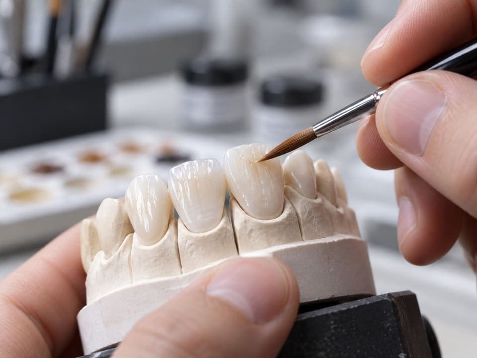 Technician layering shade onto a dental restoration with a brush